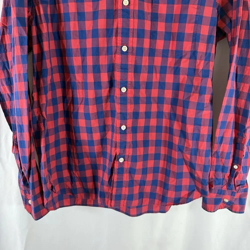 J Crew Slim Fit Button Up Shirt Men's XL Red Blue Plaid Lightweight Long Sleeve